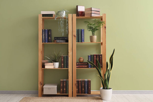 Shelving unit with books and plants in room