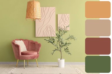 Yeşil duvarın yanında pembe koltuk ve zeytin ağacı. Farklı renk desenleri