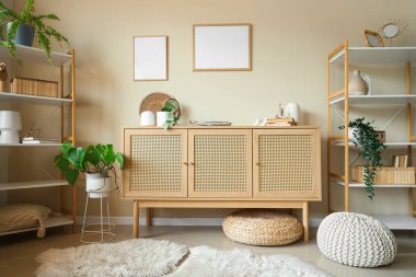 Klozet, boş çerçeve ve bitkilerle dolu oturma odasının içi