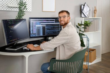 Ofiste bilgisayarla çalışan genç sakallı programcı.