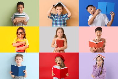 Collage of many children with books on color background clipart