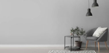 Koltuklu, çiçekli ve masalı modern oturma odasının içi. Tasarım için pankart