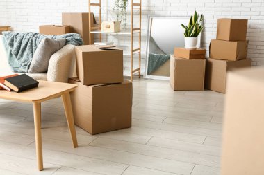 Taşındığı gün oturma odasında kanepe ve masa olan karton kutular.