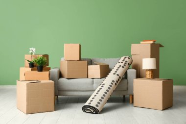 Taşındığı gün oturma odasında rulo halı ve karton kutular olan kanepe.