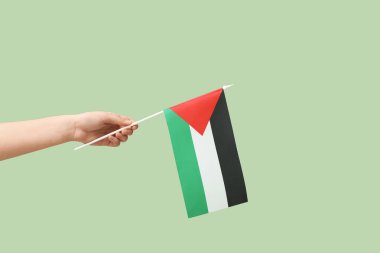 Yeşil arka planda Filistin bayrağı taşıyan bir kadın el.