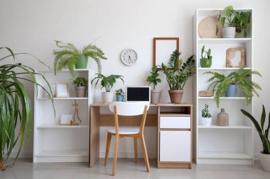 Interior of light office with workplace, shelf units and houseplants