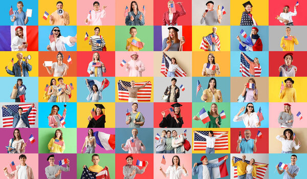 Big collage of people with national flags of USA and France on color background