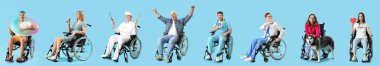 Mavi arka planda tekerlekli sandalyeli insanların kolajı