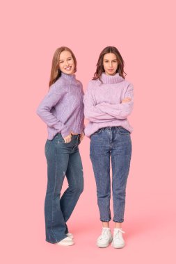 Güzel, üzgün bir kadın ve pembe arka planda kız kardeşi.