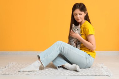 Genç, güzel bir kadın, turuncu duvarın yanında, sevimli gri kedisine sarılıyor.