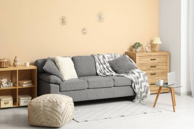 Rahat kanepesi, puf, raf ünitesi ve ahşap çekmeceleri olan şık bir oturma odası.