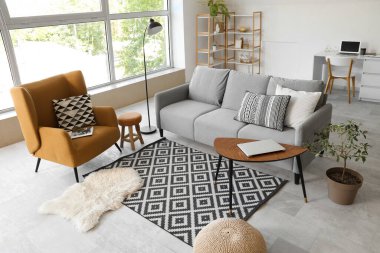 Gri kanepeli, masalı ve koltuklu aydınlık oturma odasının içi.