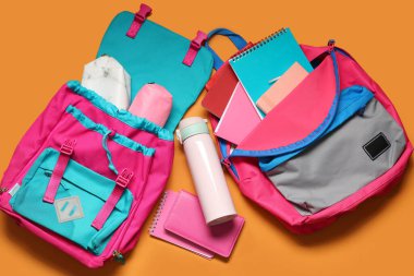 İçinde kalem kılıfları ve turuncu arka planda not defterleri olan sırt çantaları. Üst görünüm