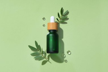 Renk arkaplanına bir şişe gerekli yağ, bitki yaprakları ve su damlaları