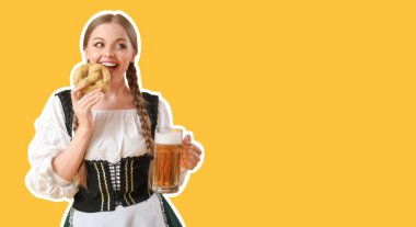 Güzel Ekim Festivali garsonu. Sarı arka planda bira ve simit var.