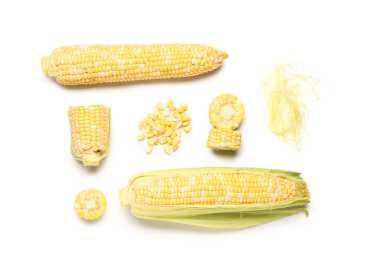Beyaz arka planda taze mısır koçanları ve tohumlar