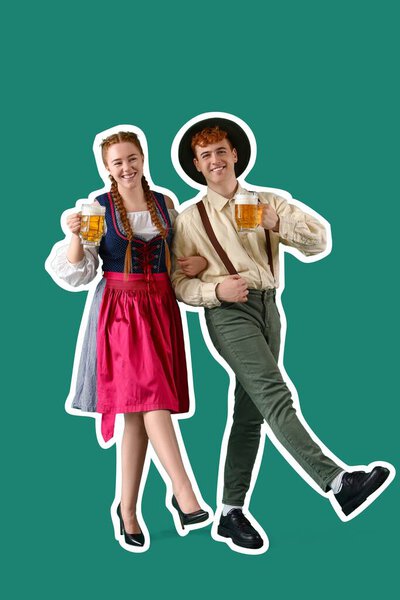 Молодая пара в традиционной немецкой одежде и с пивом танцы на зеленом фоне