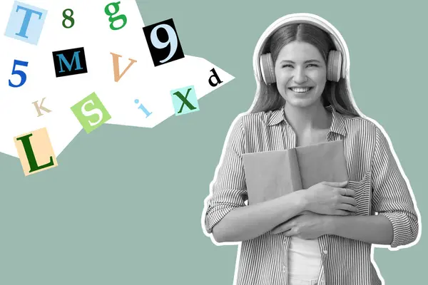 stock image Young woman listening to audiobook on color background