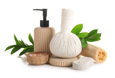 Beyaz arkaplanda bitki dalları olan güzel bir spa kompozisyonu