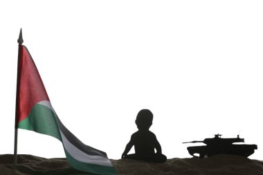 Beyaz arka plan üzerinde Filistin bayrağı olan çocuk ve tank silueti. Üzüntü konsepti