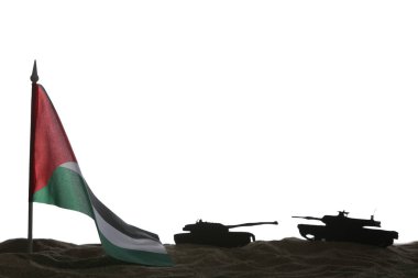 Tankların silueti ve beyaz arka planda kumlar üzerinde Filistin bayrağı. Üzüntü konsepti