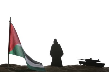 Beyaz arka planda kumlar üzerinde Filistin bayrağı olan insan ve tank silueti. Üzüntü konsepti