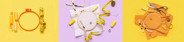 stock image Collage of embroidery supplies on yellow and lilac backgrounds, top view