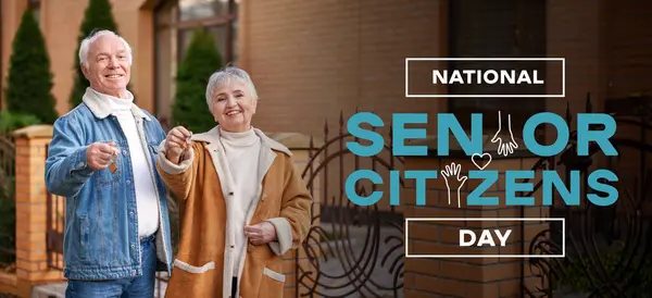 stock image Banner for National Senior Citizen Day with happy couple with keys of their new home