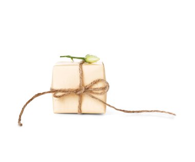 Beyaz arka planda güzel bir gül çiçeği olan hediye kutusu. Uluslararası Kadınlar Günü