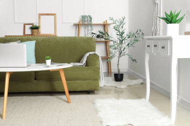 Oturma odasında rahat bir kanepe, sehpa, dizüstü bilgisayar ve zeytin ağacı var.