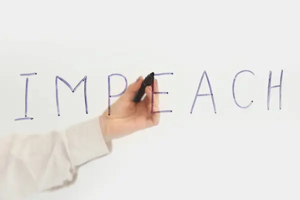 Stock image Woman writing word IMPEACH with felt pen on glass against white background