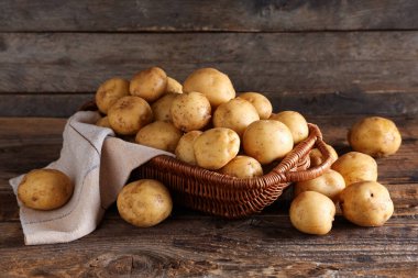 Tahta arka planda çiğ patatesli hasır sepet.
