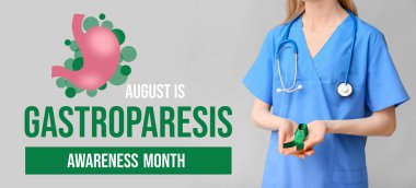 Gri arka planda yeşil kurdeleli bir kadın doktor. Gastroparesis Farkındalık Ayı Afişi