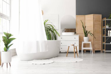 Banyonun içinde küvet, perde ve palmiye ağaçları var.