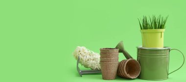 Bahçe araçları ve bitki yeşil arkaplan üzerine metin için alan