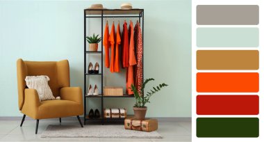 Gri duvarın yanında şık kıyafetler ve koltuklarla dolu bir oda. Tasarım için pankart