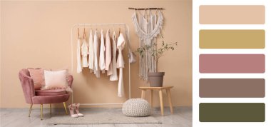 Odadaki bej duvarın yanında şık kıyafetler ve koltuk rafı. Tasarım için pankart