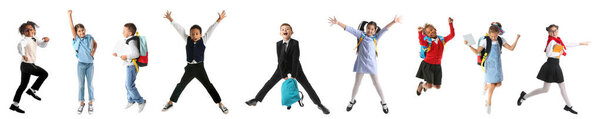 Set of cute jumping schoolchildren on white background