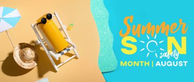 Yaz Güneşi Güvenliği Ayı için plaj aksesuarları ve güneş kremi ile pankart