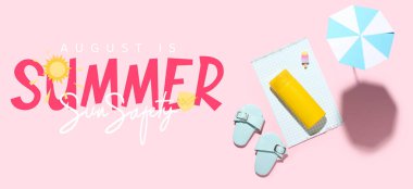 Yaz Güneşi Güvenliği Ayı için plaj aksesuarları ve güneş kremi ile pankart