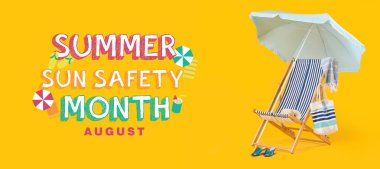 Plaj sandalyesi, şemsiyesi ve aksesuarlarıyla Yaz Güneşi Güvenliği Ayı afişi