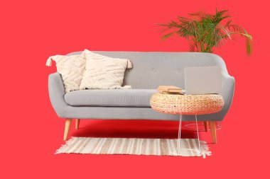 Gri kanepe, saman masa ve kırmızı arka planda dizüstü bilgisayar olan modern oturma odası.