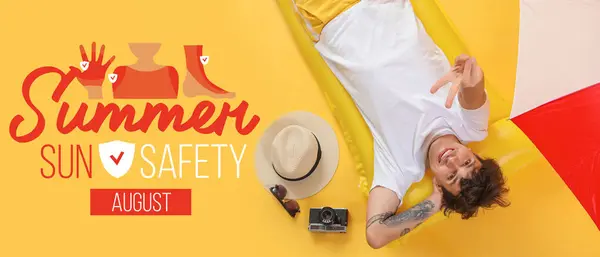 stock image Banner for Summer Sun Safety Month with young man with beach accessories lying on swimming mattress