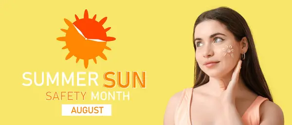 stock image Banner for Summer Sun Safety Month with young woman with applied sunscreen on her face