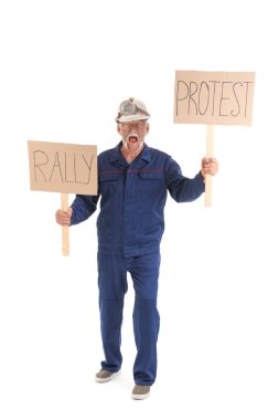 Protesting mature miner man with placards on white background clipart