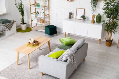 Kanepesi, ahşap masası ve yumuşak yastıkları olan modern oturma odası.