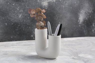 Okaliptüs dallı vazo ve gri grunge masasında kalemler.