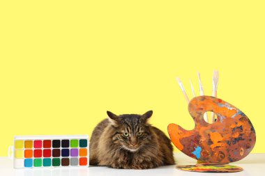 Şirin kedi, boyalar, paletler ve sarı arka planda fırçalar.