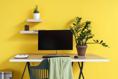 Ofiste sarı duvarın yanında bilgisayar monitörü ve bitkileri olan modern işyeri
