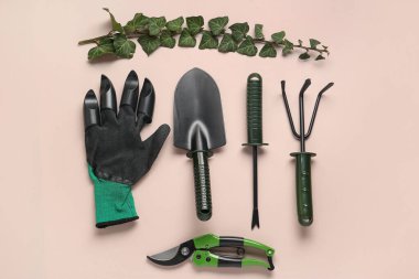 Bej arkaplanda yaprakları olan bahçe aletleri, eldiven ve sarmaşık dalı